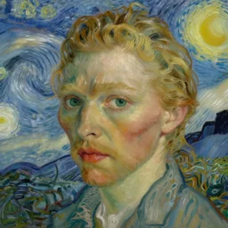 portrait of blonde katerina udut, with small mole near lips on the left side of the face, in style of van gogh