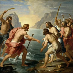 illustration of Moses parting the Red Sea, realistic painting, classical painting, high definition, digital art, matte painting, very detailed, realistic