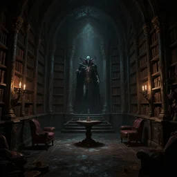 dark sinister vampire lair interior by Jacek Yerka, library, adventure game, inspired by Diablo concept art