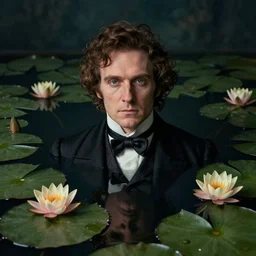 detailed cinematic moody colors studio portrait of a victorian gentleman submerged in a victorian pond, water lilies, high quality by jeremy mann, only one head single portrait