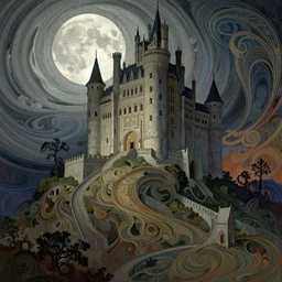 castle of dracula on top of a swirling hill, full moon, illustration, art nouveau, intricate, by antonio lupatelli