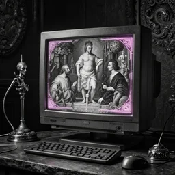 still life of ornate chinese cyberpunk neon computer crt screen by giger and hieronymus bosch, bw baroque painting, perfect composition, detailed octane render trending on artstation, 8 k artistic photography, volumetric cinematic perfect light, chiaroscuro, masterpiece, raphael, caravaggio, beksinski, rutkowski