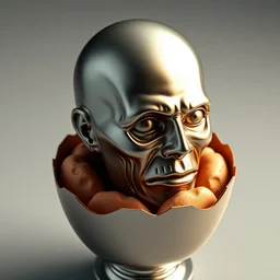 silver egg cup, vin diesel head in egg cup, hyper detailed, digital art, artstation, cinematic lighting, studio quality, smooth render, by hajime sorayama, boris vallejo, craig mullins, artgerm, caravaggio