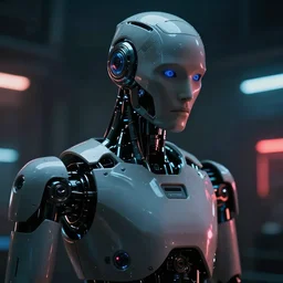film still of closeup sleek futuristic humanoid robot in blade runner 2 0 4 9, cinematic, moody, gritty neon noir by emmanuel lubezki