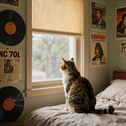 photography of a Cat . watching outside the window. on a bed. in a 70's room full of vinyls and posters, photorealistic, award winning photo, 100mm, sharp, high res
