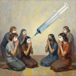 a painting of people in masks praying to a giant syringe