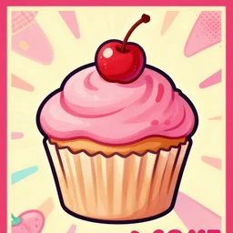 a close up drawing of a cute pink cupcake with cherry on top, retro pop art, poster