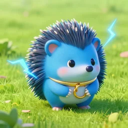 ( ( ( ( a cute blue hedgehog with big gold ring and blue lightning in green grassland. ) ) ) ), big gold ring!, blue fur, clear sky, extremely detailed, fantasy painting, by reg rutkowski!!!!