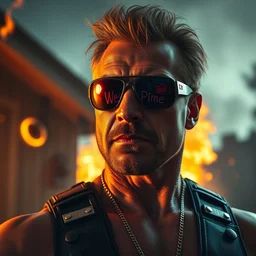 duke nukem wearing reflective sunglasses, narcissistic, full of testosterone, being unfazed by his house being on fire, high quality, very detailed, a professional photo, cinematic, beautiful