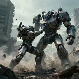 film, detailed photoreal, futuristic giant mech fight, brawl, knockout punch, haymaker impact, shatter, emerging from smoke and debris in war zone, crumbling buildings, titanfall irl, hawken, pacific rim, flat color profile low - key lighting award winning photography arri alexa cinematography, hyper real photorealistic cinematic, atmospheric cool colorgrade