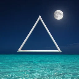 Photo of a Bermuda triangle jumping out of the pristine waters, moon is in the background, Sigma 85mm f/8, starry night, 8k