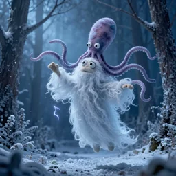 fluffy humanoid ethereal live action muppet wraith like figure with a squid shaped parasite overtaking its head with four long tentacles for arms that flow gracefully at its sides while it floats around the frozen woods searching for lost souls and that hide in the shadows in the trees, this character can control the ice, snow, shadows, and electricity, it is a real muppet by sesame street, photo realistic, real, realistic, felt, stopmotion, photography, sesame street