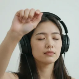 one hand in the air, big headphones on, eyes closed, blurred photo