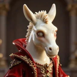 hyper detailed ultra sharp portrait of a porcelain ivory evil donkey zombie, up close shot, sharp focus, global illumination, radiant light, red haute couture, alexandre ferra, irakli nadar, octane render, 4 k, ultra hd,