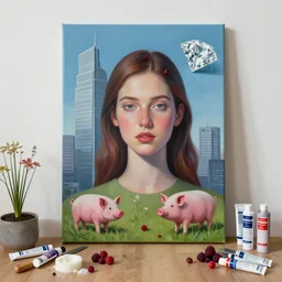 “ a portrait in a female art student ’ s apartment, a berry and a big diamond, skyscraper, pork, art supplies, paint tubes, palette knife, pigs, ikebana, weeds, white wax, squashed berries, acrylic and spray paint and oilstick on canvas, surrealism, neoexpressionism ”