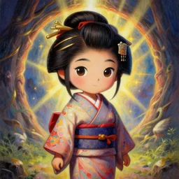 a portrait of japanese girl farmer in kimono, magic portal background, god rays, fantasy, dungeons and dragons, an ultrafine detailed painting, chibi, detailed painting, boris valejo. octopath traveler decal!!!