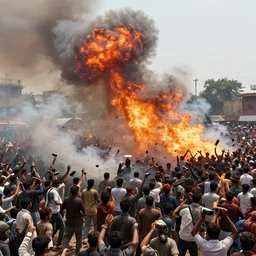 a violent dramatic scene from a massive communal riot in gujarat india, 2 0 0 2, fire, explosions, smoke, molotov, by alex webb, by gregory crewdson, featured on architecture daily, shot on large format film, 3 5 mm film, grainy, cinematic composition, beautiful volumetric lighting, no frames
