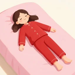 A girl with pink sheets laying down in red pjs