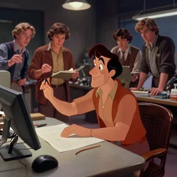 a film still of a ( disney character ) man animating at a 1 9 8 0's animation studio hans dahl, by jesper ejsing, by anders zorn, by greg rutkowski, by greg manchess, by tyler edlin