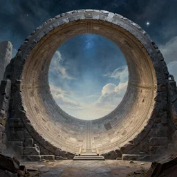 highly detailed peter mohrbacher illustration of a stargate made of stone that forms a circle, cinematic view, epic sky