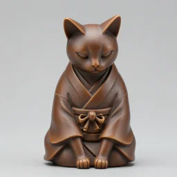 elegant seductive anthropomorphic cat figurine wearing a kimono, hand carved brown resin, submissive, kimono toggles, very highly detailed, petite intricate, monotone, shy looking down