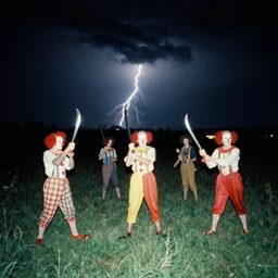 circa 1 9 7 0 s restored 1 3 mm film photograph of a group of clowns in a field holding machetes at night, liminal, dark, thunderstorm, dark, flash on, blurry, ominous lighting