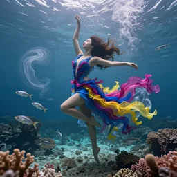 masterpiece artwork of beautiful modern woman dancing underwater wearing a flowing dress made of blue, magenta, and yellow seaweed, delicate coral sea bottom, swirling silver fish, swirling smoke shapes, octane render, caustics lighting from above, cinematic, hyperdetailed