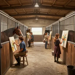 interior view of a stable with horse artists practing art, detailed digital art, award winning cgsociety, hd, render, maia, trending on artstation