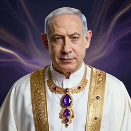breathtaking symmetrical portrait of benjamin netanyahu wearing golden otherworldly purple jewels and a white robe, studio lighting, dynamic lighting, sharp, 4 k, trending on artstation