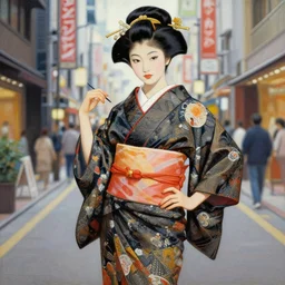 painting of a young japanese woman standing in harajuku street, confident pose, intricate, elegant, sharp focus, illustration, highly detailed, concept art, art by frank frazetta