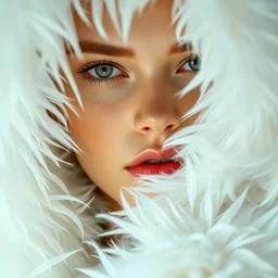 close up of face of fashion model in white feather clothes, official balmain editorial, dramatic lighting highly detailed