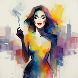 abstract portrait of happy female shape, city in the background, beautiful abstract female shape, rule of thirds, woman smoking face symmetry, colourful spray paint splatters, expressive, abstract art, by greg rutkowski, by jeremy mann, by francoise nielly, 4 k, 8 k, correct body proportion, cinematic style, female shape shadow