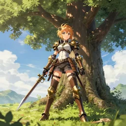 anime girl with steampunk armor and weapons posing in front of a giant tree, finely detailed, epic, cinematic lighting, beautiful, clouds, sky, sunny, grass, trees, sharp focus,