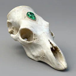 an ancient white bone and emerald gemstone relic, intricate engraving, concept art style, 3D, Unreal Engine