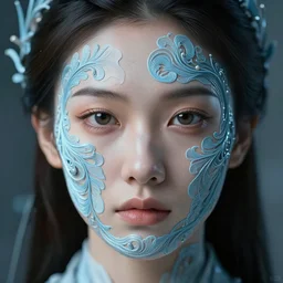 intricate highly detailed face portrait of asian - european woman, light blue water vines on her face, intricate, cgsociety, unreal engine, octane render, sharp focus, smooth, volumetric lighting, cinematic composition, artstation