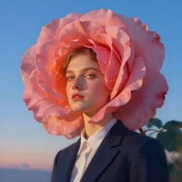 closeup, giant rose flower head, portrait, a girl in a suit, surreal photography, sunrise, blue sky, dramatic light, impressionist painting, digital painting, artstation, simon stalenhag