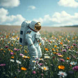 astronaut in a field of flowers