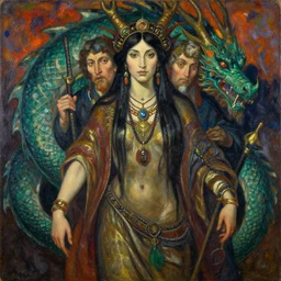 portrait of a female shaman goddess wizard dragon, oil on canvas, by jeffrey catherine jones and denis sarazhin and mucha