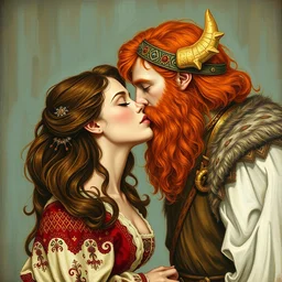 red bearded viking kissing beautiful brunette female gustav klimt painting,