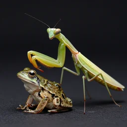 a praying mantis eating a frog alive, national geographic, realistic, colorful, black background, studio photography