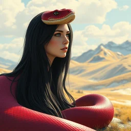 burgundy python snake girl with long black hair in sunny tundra hills biome. highly detailed, digital painting, watercolor, soviet realism, engraving, artstation, concept art, smooth, sharp focus, vivid grunge, manga, illustration, unreal engine 5, 8 k, art by bilibin and kilian eng and kuvshinov and malevich and mucha