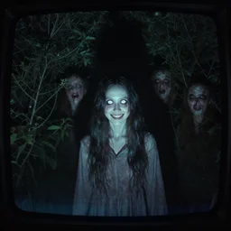movie frame still from live action ghost lady watching us from the far bushes in the dark night, white eyes, innocent smile, 8 k, vhs glitch, old tv, ultra wide angle, zenith view, greg rutkowski, intrincate, highly detailed, ilm, oscar winning photography, grain, dramatic lighting, greg nicotero, horrifying movie, nightmare fuel, horror movie
