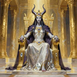epic omnious academic drawing of Slaanesh his Highness the chaotic androgynous deity sitting in a regal pose on a solid diamond throne in a solemn golden and marble slaaneshite temple inspired by the most opulent temples of ancient Greece by Zdislaw Beksinski, Alex Gray, Greg Rutkowski, Robert McCall, CGsociety