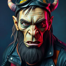 apocalyptic scifi orcish biker character, professional photo, psychedelic vibrant colors, futuristic punk rock fashion, highly detailed oil painting by michael whelan art, perfect face, sharp focus, detailed eyes, realistic, leather jacket, 8 k, dynamic lighting, artstation, unreal engine 5, michael whelan