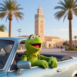 kermit driving a car, wlop, moroccan city, mosque, palm trees, cinematic lighting, hyperdetailed, 8 k realistic, symmetrical, global illumination, radiant light,, frostbite 3 engine, cryengine, dof, trending on artstation, digital art, chanel