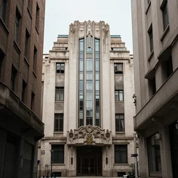 a very narrow city street built in art deco style, modernist, art nouveau, architecture
