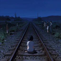 anime girl with short black hair, sits on an abandoned railway track leading to the end of the world, at midnight, clear sky, view from above, digital concept art illustration by akihiko yoshida and jean baptiste monge and makoto shinkai and wlop and wadim kashin and tsutomu nihei, 4 k artstation