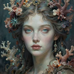 portrait of a beautiful sea goddess, graceful, esoteric, muted colors, head in focus, fantasy art, ocean corals aesthetics, intricate details, elegant, highly detailed, hyperrealistic painting, artstation, concept art, painterly, sharp focus, illustration, epic art by hans jokem bakker