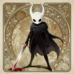 film still hollow knight, blood on sword, fantasy, intricate, elegant, highly detailed, digital painting, artstation, concept art, matte, sharp focus, illustration, hearthstone, art by artgerm and greg rutkowski and alphonse mucha
