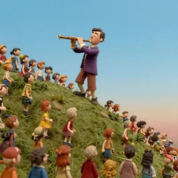 A still from a Wes Anderson movie where Pied Piper is luring hundreds of kids up a hill with his flute, claymation